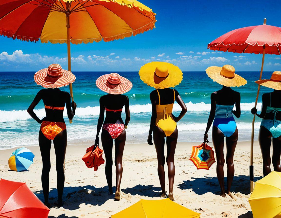 A vibrant summer beach scene showcasing an array of stylish beachwear on mannequins, surrounded by colorful umbrellas and sunbathers. Include trendy swimsuits, beach hats, and accessories in bright colors, with a shimmering ocean in the background. The atmosphere should be lively and sunny, capturing the essence of a perfect summer day. super-realistic. vibrant colors. cinematic.